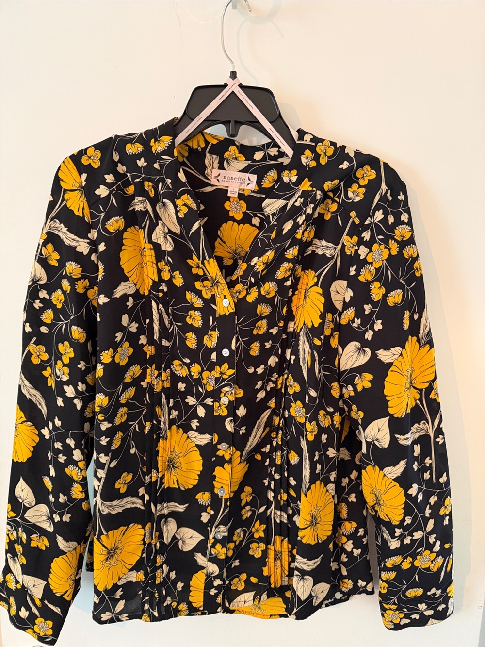 Nanette Lepore Black Button-Down Blouse with Yellow Floral Print
